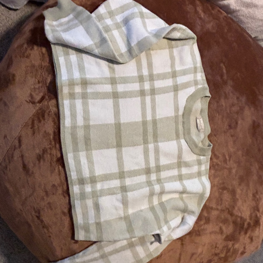 Plaid Crew Neck Sweater - Green and Cream